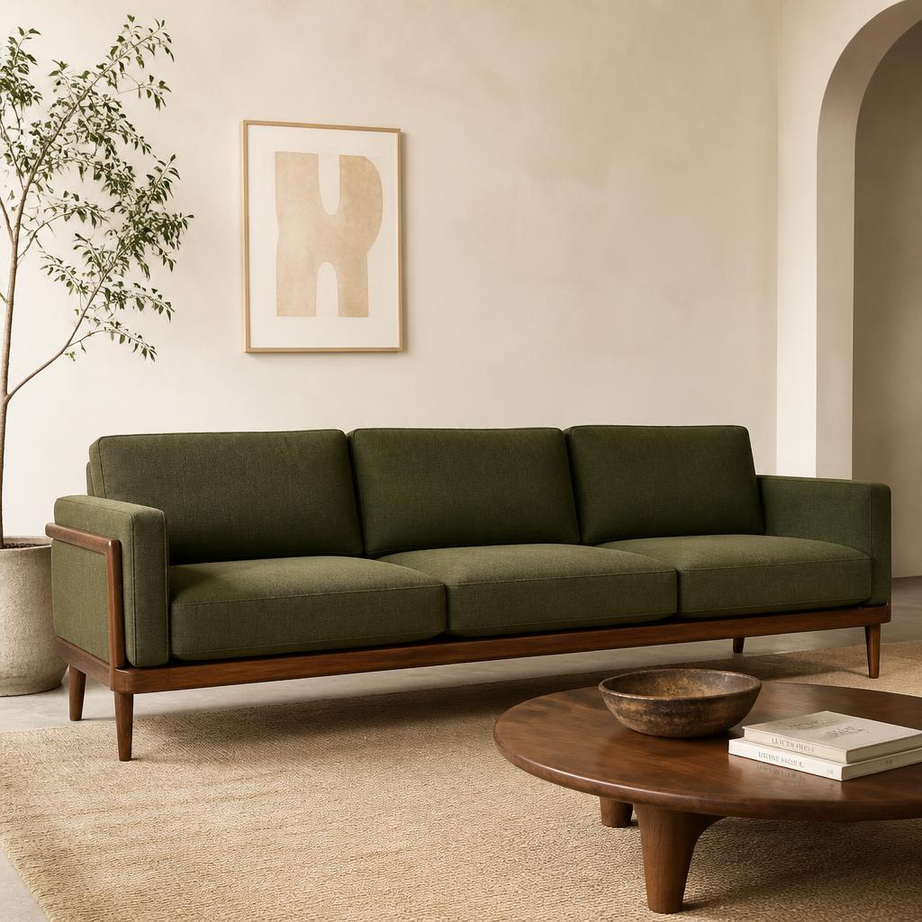 Olive Wool Sofa with Walnut Frame